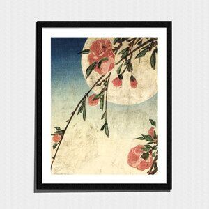 Art Print, Full Moon Pink Flowers Boho Painting